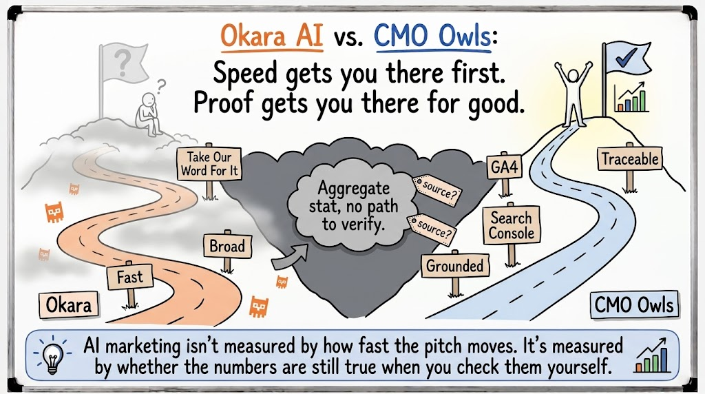 Graphic titled 'The Verifiable Road: Why CMO Owls Wins the Real Test,' illustrating the path from a specific marketing claim to a checkable number in tools the reader already controls.